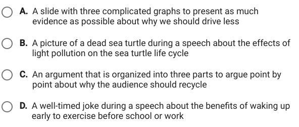 HELP ASAP which situation shows the most effective use of media during a speech?-example-1