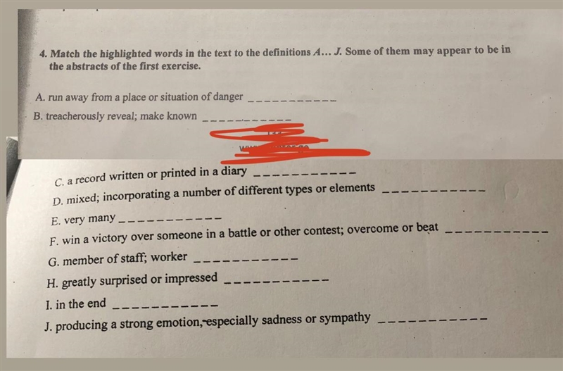 Match the correct words: Varied Flee Defeating Entry Betrayed Eventually Astonished-example-1