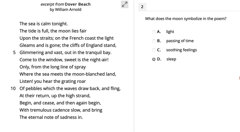 What does the moon symbolize in the poem? A. light B. passing of time C. soothing-example-1