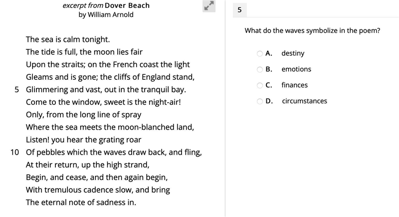 What do the waves symbolize in the poem? A. destiny B. emotions C. finances D. circumstances-example-1