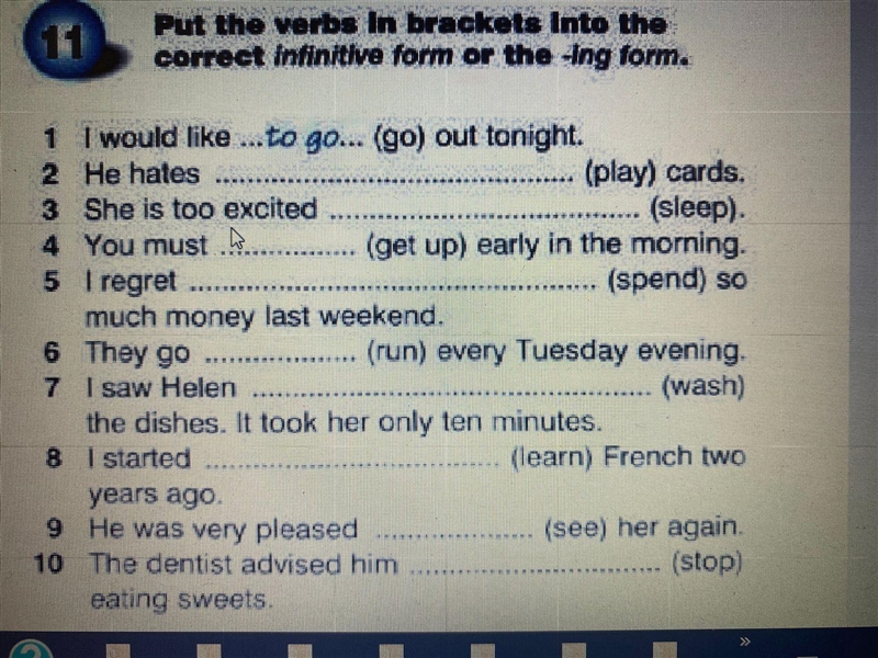 Put the verbs in brackets into the correct infinitive form or the -ing form-example-1