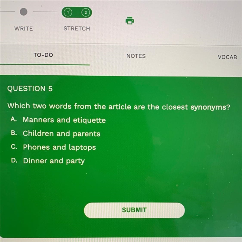 Which two words from the article are the closest synonyms? A. Manners and etiquette-example-1