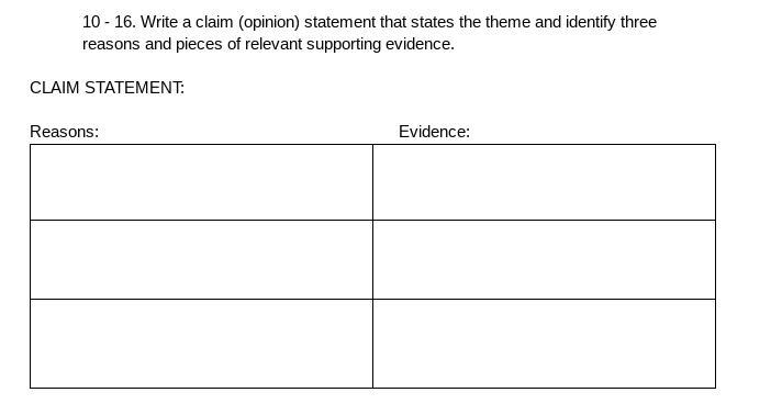 10 - 16. Write a claim (opinion) statement that states the theme and identify three-example-1