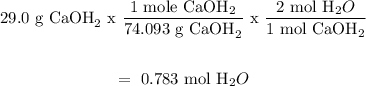 \begin{gathered} 29.0\text{ g Ca\lparen OH\rparen}_2\text{ x }\frac{1\text{ mole Ca\lparen OH\rparen}_2}{74.093\text{ g Ca\lparen OH\rparen}_2}\text{ x }\frac{2\text{ mol H}_2O}{1\text{ mol Ca\lparen OH\rparen}_2} \\ \\ =\text{ 0.783 mol H}_2O \end{gathered}