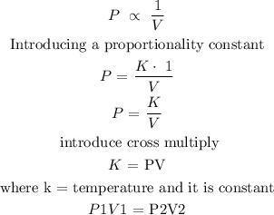 \begin{gathered} P\text{ }\propto\text{ }(1)/(V) \\ \text{Introducing a proportionality constant} \\ P\text{ = }\frac{K\cdot\text{ 1}}{V} \\ P\text{ = }(K)/(V) \\ \text{ introduce cross multiply} \\ K\text{ = PV} \\ \text{where k = temperature and it is constant} \\ P1V1\text{ = P2V2} \end{gathered}