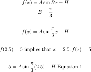 \begin{gathered} f(x)=A\sin Bx+H \\ B=(\pi)/(3) \\ \\ f(x)=A\sin(\pi)/(3)x+H \\ \\ f(2.5)=5\text{ implies that }x=2.5,f(x)=5 \\ \\ 5=A\sin(\pi)/(3)(2.5)+H\text{ \lparen Equation 1\rparen} \end{gathered}