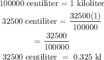 \begin{gathered} 100000\text{ centiliter = }1\text{ kiloliter} \\ 32500\text{ centiliter = }\frac{\text{32500(1)}}{100000} \\ \text{= }(32500)/(100000) \\ 32500\text{ centiliter }=\text{ 0.325 kl} \end{gathered}