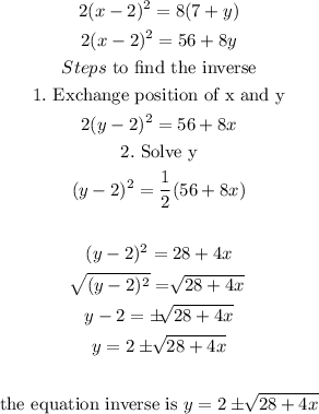 \begin{gathered} 2(x-2)^2=8(7+y) \\ 2(x-2)^2=56+8y \\ Steps\text{ to find the inverse} \\ 1.\text{ Exchange position of x and y} \\ 2(y-2)^2=56+8x \\ 2.\text{ Solve y} \\ (y-2)^2=(1)/(2)(56+8x) \\ \\ (y-2)^2=28+4x \\ \sqrt[]{(y-2)^2}=\sqrt[]{28+4x} \\ y-2=\pm\sqrt[]{28+4x} \\ y=2\pm\sqrt[]{28+4x} \\ \\ \text{the equation inverse is }y=2\pm\sqrt[]{28+4x} \end{gathered}