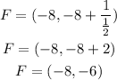 \begin{gathered} F=(-8,-8+(1)/((1)/(2))) \\ F=(-8,-8+2) \\ F=(-8,-6) \end{gathered}