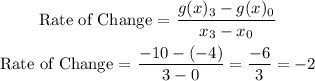 \begin{gathered} \text{Rate of Change = }(g(x)_3-g(x)_0)/(x_3-x_0) \\ \text{Rate of Change = }(-10-(-4))/(3-0)=(-6)/(3)=-2 \end{gathered}