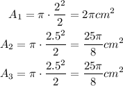 \begin{gathered} A_1=\pi\cdot(2^2)/(2)=2\pi cm^2 \\ A_2=\pi\cdot(2.5^2)/(2)=(25\pi)/(8)cm^2 \\ A_3=\pi\cdot(2.5^2)/(2)=(25\pi)/(8)cm^2 \end{gathered}