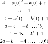 \begin{gathered} 4=a(0)^2+b(0)+c \\ c=4 \\ -4=a(1)^2+b(1)+4 \\ a+b=-8\ldots\text{.}(5) \\ -4=4a+2b+4 \\ 2a+b=-4\ldots\ldots\text{.}(6) \end{gathered}