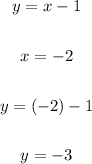 \begin{gathered} y=x-1 \\ \\ x=-2 \\ \\ y=(-2)-1 \\ \\ y=-3 \end{gathered}