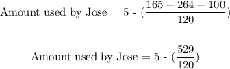 \begin{gathered} \text{Amount used by Jose = }5\text{ - (}(165+264+100)/(120)) \\ \\ \text{Amount used by Jose = 5 - (}(529)/(120)) \\ \\ \end{gathered}