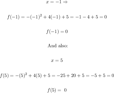 \begin{gathered} x=-1\Rightarrow \\ \\ f\mleft(-1\mright)=-(-1)^2+4(-1)+5=-1-4+5=0 \\ \\ f(-1)=0 \\ \\ \text{ And also:} \\ \\ x=5 \\ \\ f(5)=-(5)^2+4(5)+5=-25+20+5=-5+5=0 \\ \\ f(5)=\text{ 0} \end{gathered}