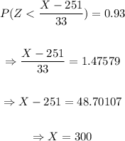 \begin{gathered} P(Z<(X-251)/(33))=0.93 \\ \\ \Rightarrow(X-251)/(33)=1.47579 \\ \\ \Rightarrow X-251=48.70107 \\ \\ \Rightarrow X=300 \end{gathered}