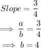 \begin{gathered} Slope=(3)/(4) \\ \implies(a)/(b)=(3)/(4) \\ \implies b=4 \end{gathered}