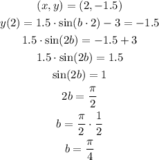 \begin{gathered} (x,y)=(2,-1.5) \\ y(2)=1.5\cdot\sin (b\cdot2)-3=-1.5 \\ 1.5\cdot\sin (2b)=-1.5+3 \\ 1.5\cdot\sin (2b)=1.5 \\ \sin (2b)=1 \\ 2b=(\pi)/(2) \\ b=(\pi)/(2)\cdot(1)/(2) \\ b=(\pi)/(4) \end{gathered}