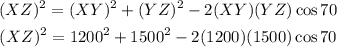 \begin{gathered} (XZ)^2=(XY)^2+(YZ)^2-2(XY)(YZ)\cos70 \\ (XZ)^2=1200^2+1500^2-2(1200)(1500)\cos70 \end{gathered}