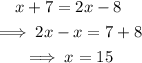 \begin{gathered} x+7=2x-8 \\ \implies2x-x=7+8 \\ \implies x=15 \end{gathered}