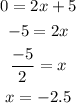 \begin{gathered} 0=2x+5 \\ -5=2x \\ (-5)/(2)=x \\ x=-2.5 \end{gathered}