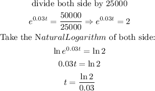 \begin{gathered} \text{divide both side by 25000} \\ e^(0.03t)=(50000)/(25000)\Rightarrow e^(0.03t)=2 \\ \text{Take the N}aturalLogarithm\text{ of both side: } \\ \ln e^(0.03t)=\ln 2 \\ 0.03t=\ln 2 \\ t=(\ln 2)/(0.03) \end{gathered}