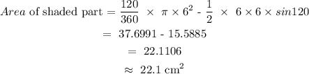 \begin{gathered} Area\text{ of shaded part = }(120)/(360)\text{ }*\text{ }\pi*6^2\text{ - }(1)/(2)\text{ }*\text{ 6}*6* sin120 \\ =\text{ 37.6991 - 15.5885} \\ =\text{ 22.1106} \\ \approx\text{ 22.1 cm}^2 \end{gathered}