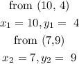 \begin{gathered} \text{from (10, 4)} \\ x_1=10,y_1=\text{ 4} \\ \text{from (7,9)} \\ x_2_{}=7,y_2=\text{ 9} \end{gathered}