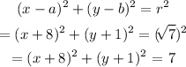 \begin{gathered} (x-a)^2+(y-b)^2=r^2 \\ =(x+8)^2+(y+1)^2=(\sqrt[]{7})^2 \\ =(x+8)^2+(y+1)^2\text{ = 7} \end{gathered}