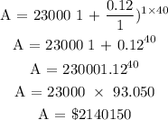 \begin{gathered} \text{ A = 23000 \lparen 1 + }(0.12)/(1))^(1*40) \\ \text{ A = 23000 \lparen1 + 0.12\rparen}^(40) \\ \text{ A = 23000\lparen1.12\rparen}^(40) \\ \text{ A = 23000 }*\text{ 93.050} \\ \text{ A = \$2140150} \end{gathered}