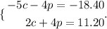 \mleft\{\begin{aligned}-5c-4p=-18.40 \\ 2c+4p=11.20\end{aligned}\mright.