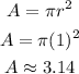 \begin{gathered} A=\pi r^2 \\ A=\pi(1)^2 \\ A\approx3.14 \end{gathered}