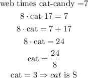 \begin{gathered} \text{web times cat-candy =7} \\ 8\cdot\text{cat-}17=7 \\ 8\cdot\text{cat}=7+17 \\ 8\cdot\text{cat}=24 \\ \text{cat}=(24)/(8) \\ \text{cat}=3\Rightarrow cat\text{ is S} \end{gathered}