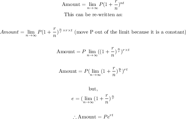 \begin{gathered} \text{Amount}=\lim _(n\to\infty)P(1+(r)/(n))^(nt) \\ \text{This can be re-written as:} \\ \\ Amount=\lim _(n\to\infty)P(1+(r)/(n))^{(n)/(r)* r* t}\text{ (move P out of the limit because it is a constant)} \\ \\ \text{Amount}=P\lim _(n\to\infty)((1+(r)/(n))^{(n)/(r)})^(r* t) \\ \\ \text{Amount}=P(\lim _(n\to\infty)(1+(r)/(n))^{(n)/(5)})^(rt) \\ \\ \text{but,} \\ e=(\lim _(n\to\infty)(1+(r)/(n))^{(n)/(r)} \\ \\ \therefore\text{Amount}=Pe^(rt) \end{gathered}