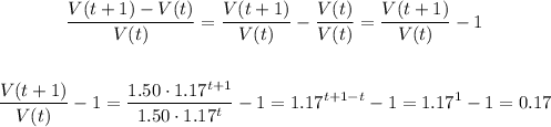 \begin{gathered} (V(t+1)-V(t))/(V(t))=(V(t+1))/(V(t))-(V\mleft(t\mright))/(V(t))=(V(t+1))/(V(t))-1 \\ \\ (V(t+1))/(V(t))-1=(1.50\cdot1.17^(t+1))/(1.50\cdot1.17^t)-1=1.17^(t+1-t)-1=1.17^1-1=0.17 \end{gathered}