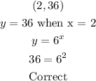 \begin{gathered} (2,36) \\ y=36\text{ when x = 2} \\ y=6^x \\ 36=6^2 \\ \text{Correct} \end{gathered}