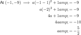 \begin{aligned}\textsf{At}\:(-1,-9)\implies a(-1-1)^2+1 &amp;=-9\\a(-2)^2+1 &amp;=-9\\4a+1 &amp;=-9\\4a &amp;=-10\\a &amp;=-(5)/(2)\end{aligned}