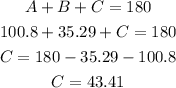 \begin{gathered} A+B+C=180 \\ 100.8+35.29+C=180 \\ C=180-35.29-100.8 \\ C=43.41 \end{gathered}