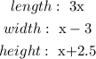 \begin{gathered} length:\text{ 3x} \\ width:\text{ x}-3 \\ height:\text{ x+2.5} \end{gathered}