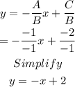 \begin{gathered} y=-(A)/(B)x+(C)/(B) \\ =-(-1)/(-1)x+(-2)/(-1) \\ Simplify \\ y=-x+2 \end{gathered}