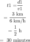 \begin{gathered} t1\text{ =}(d1)/(v1) \\ =\frac{3\text{ km}}{6\text{ km/h}} \\ =(1)/(2)\text{ h} \\ =\text{ 30 minutes} \end{gathered}