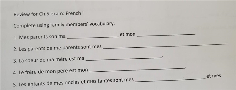 Review for Ch.5 exam: French I Complete using family members' vocabulary. 1. Mes parents-example-1