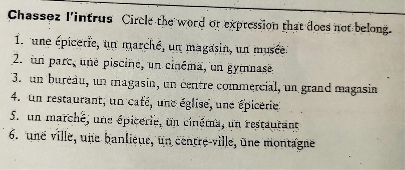 Circle the word or expression that does not belong (french)​-example-1