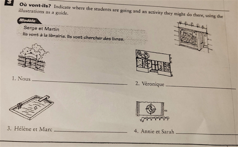 Indicate where the students are going and an activity they might do there, (in french-example-1