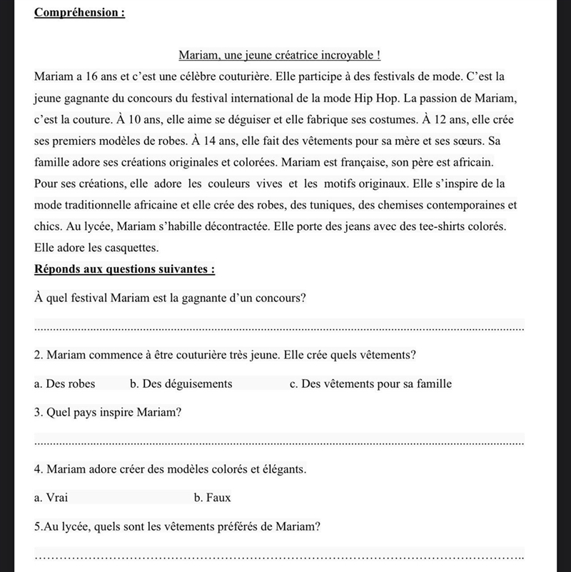 Réponds aux questions suivantes : À quel festival Mariam est la gagnante d'un concours-example-1