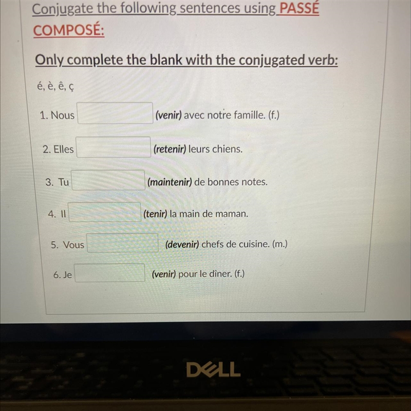 Conjugate the following sentences using PASSÉ COMPOSÉ: Only complete the blank with-example-1