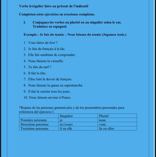 Conjuguez les verbes au pluriel ou au singulier selon le cas. Traduisez en espagnol-example-1