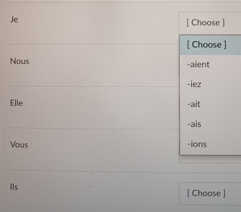 Match the approprite imperfect ending to the correct pronoun subject. Example: On-example-1