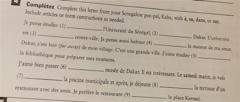 Complete this letter. Make sure to fill in the blanks with à, en, dans, or sur. (French-example-1