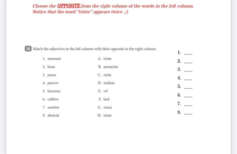 Choose the OPPOSITE from the right column of the words in the left column. Notice-example-1